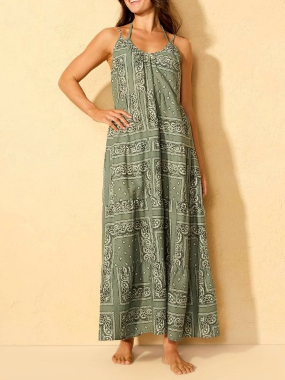 Shade & Shore Sundress Beach Cover Up Green Bandana Print Maxi Size Medium NWT
